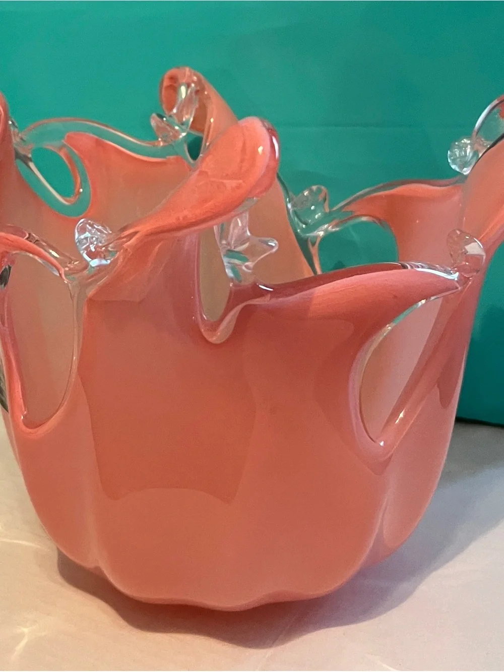 Murano Coral Pink Italian Art Glass Splash Wave Bowl